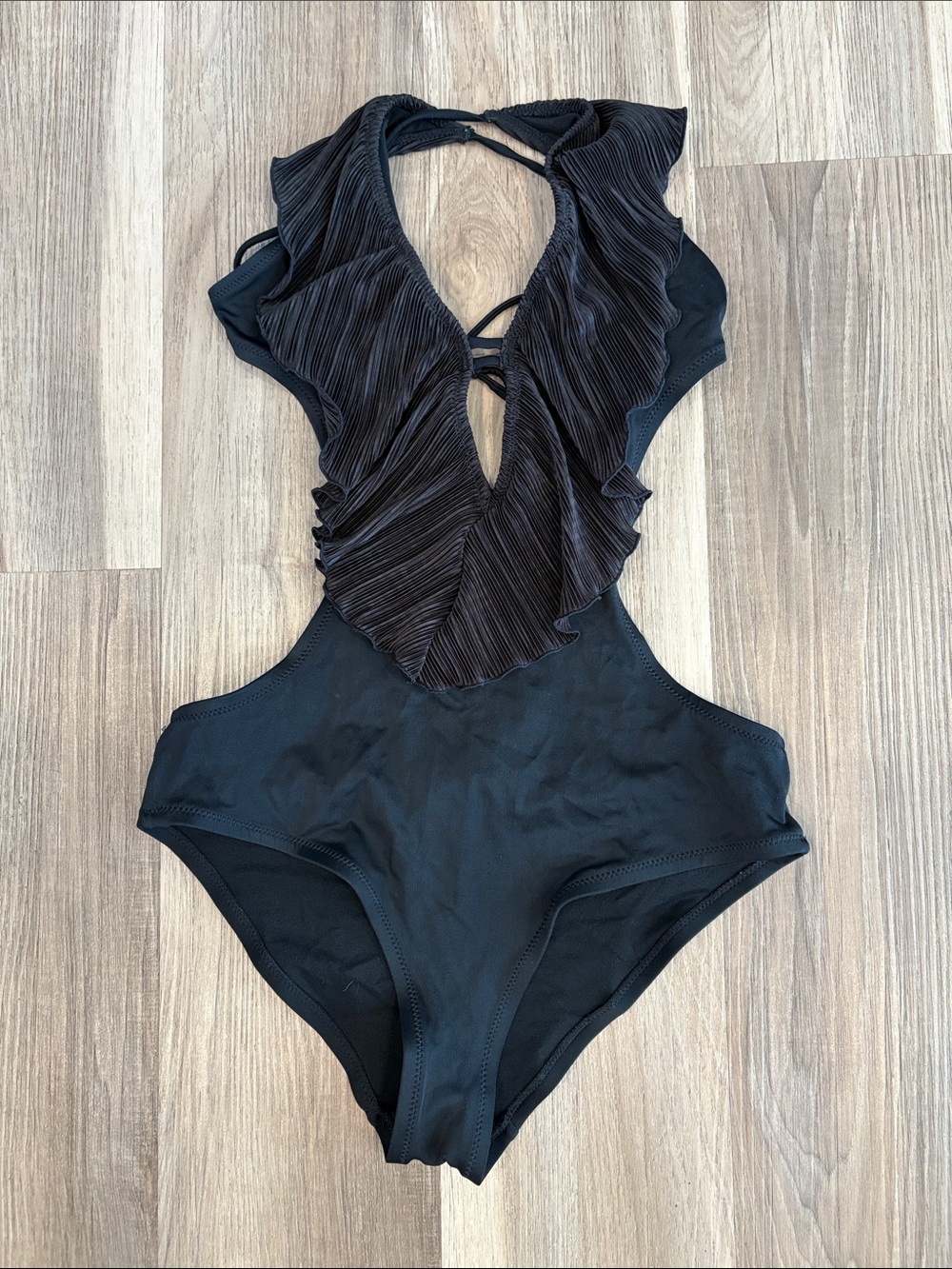 H&M Black Ruffled V-Neck One-Piece Swimsuit
